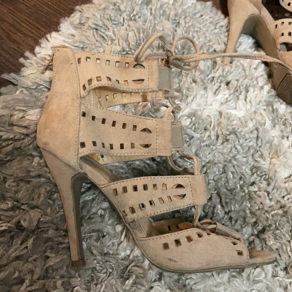 Nude Lace-up Cutout Heels 7 - Picture 2 of 4